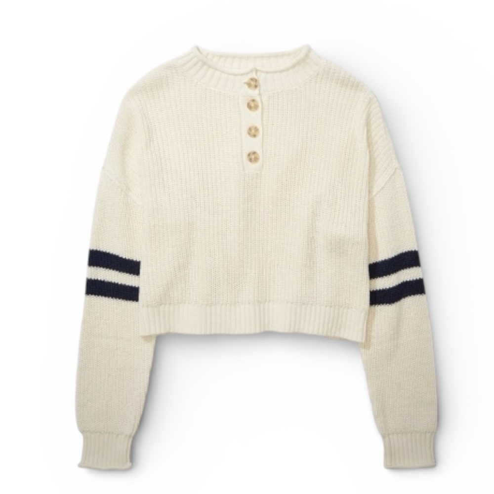 American Eagle A&E Womens Henley Cropped Sweater Cream/Navy Size Small
